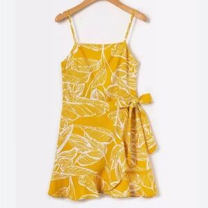 Short Yellow Summer Wrap Dress with Leaves Print
